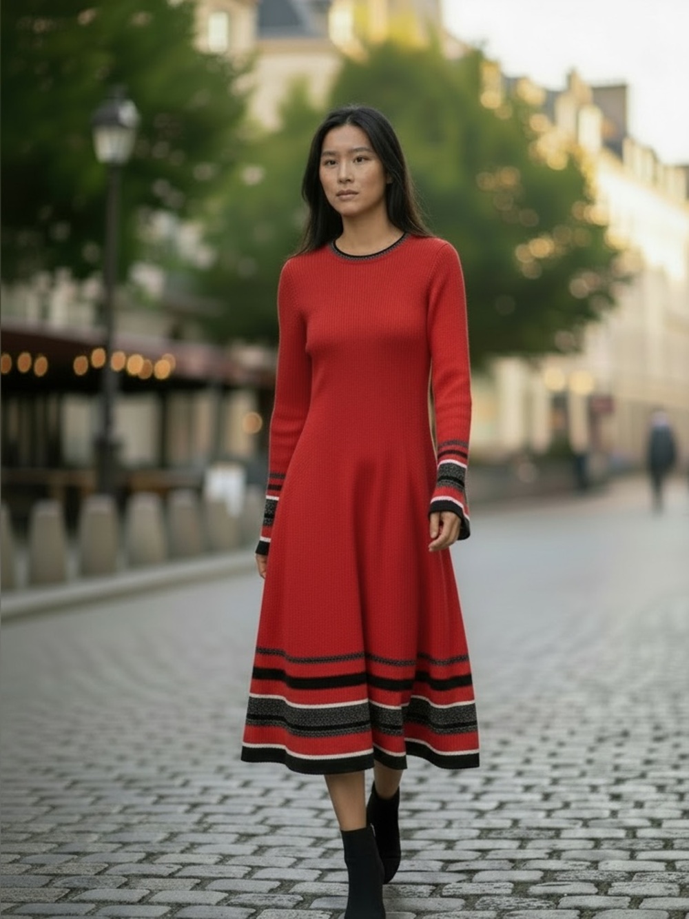 Eliza J Red Knit Dress with Black, Grey and White Stripes, Size M
